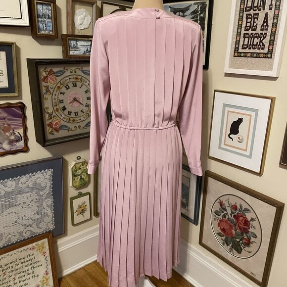 80s Vintage "In The Mood" Light Pink Pleated Midi Dress With Long Sleeves Size M - Picture 4 of 7